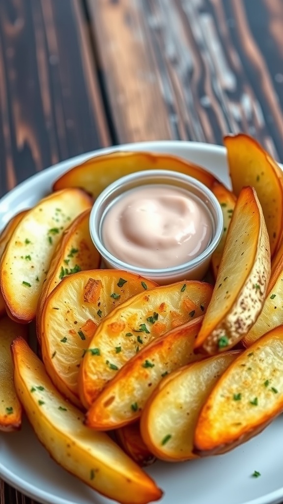 Crispy baked potato wedges on a plate with dipping sauce on a wooden table.
